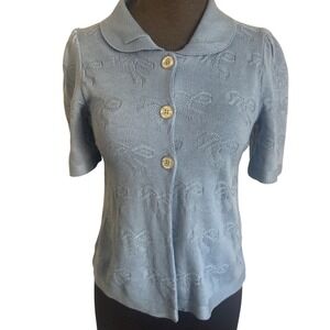 Vintage Made in California Blue Bow Knit Short Sleeve Cardigan Peter Pan Collar